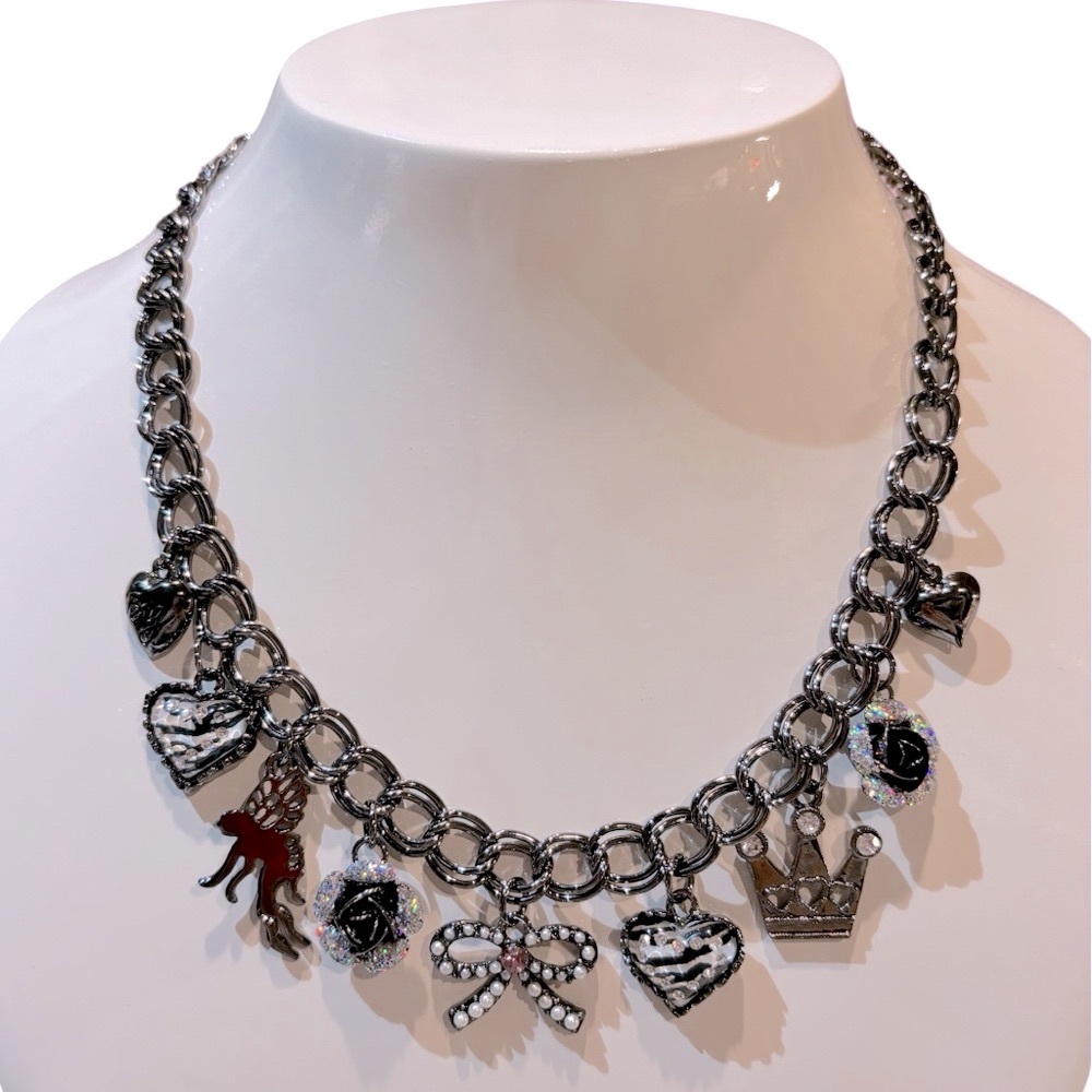 Dark‎ Metal Hearts, Bows & Flowers Charm Necklace